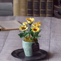 ◆粘土のお花◆　ミニひまわり　アンティーク　グリーンポット　H820 2枚目の画像