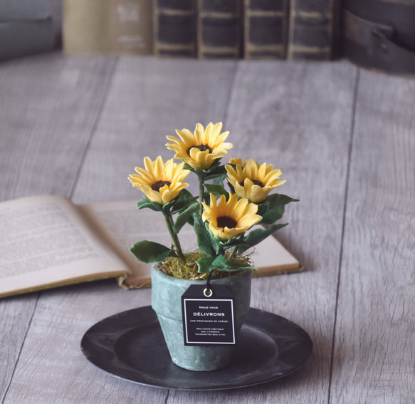 ◆粘土のお花◆　ミニひまわり　アンティーク　グリーンポット　H820 5枚目の画像
