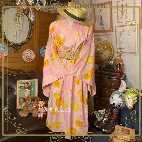 和洋折衷 レトロ 古着 お花 フラワー 昭和レトロ 浴衣 和 ハンドメイド