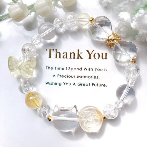 シトリン薔薇リボン水晶猫ちゃん天然石ブレスレット ブレスレット I  