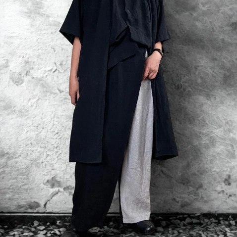 ラップサルエルパンツ ラミーリネン ロングパンツ アシンメトリー モノトーン おしゃれ  モード ゆったり フリーサイズ