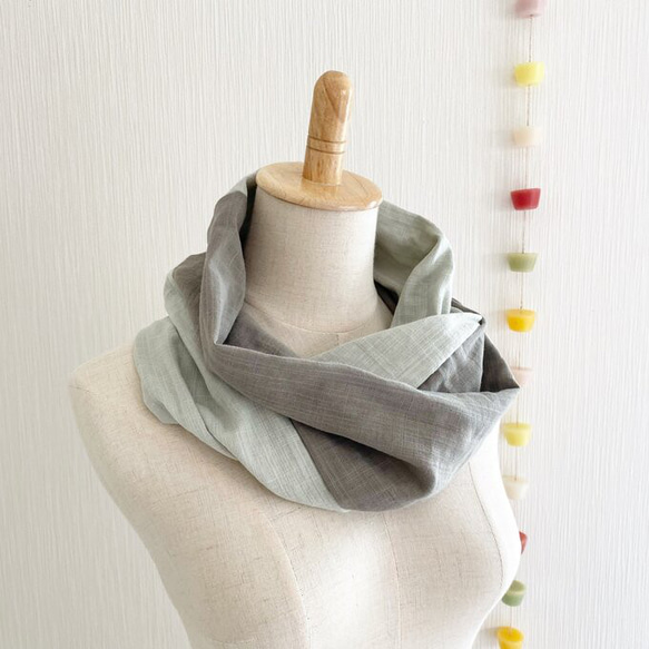 ♡日本製造♡優質雙層紗布製成的蓬鬆夢幻圍脖♡雙色（石灰色x薄荷綠） 第7張的照片