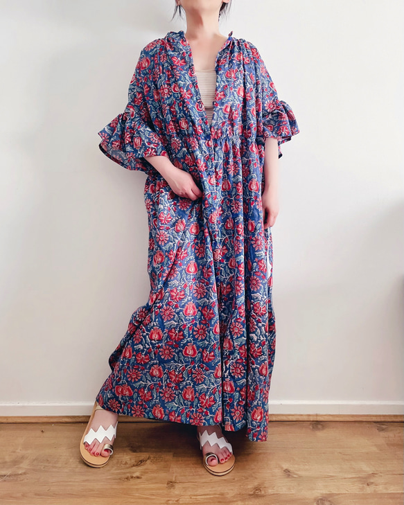 インド綿(ブロックプリント)のシャツワンピース*Bleu+fleur