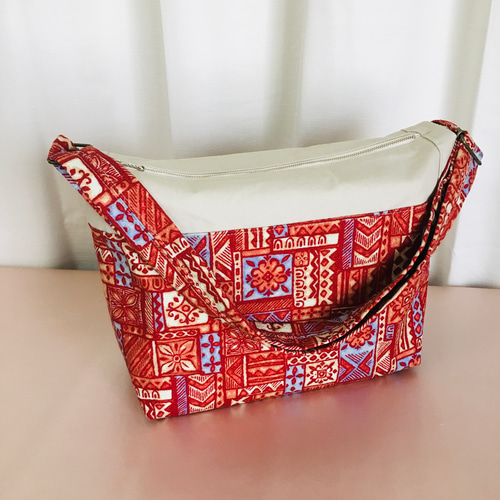 ファスナー付きシンプルショルダーバッグ(赤/グレー)＊ハンドメイド 