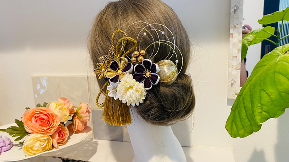 【紫×金】つまみ細工 卒業式 卒業式髪飾り 袴　水引き　成人式用髪飾り　和装　成人式　ヘアアクセ　色打掛 ヘア飾り 11枚目の画像