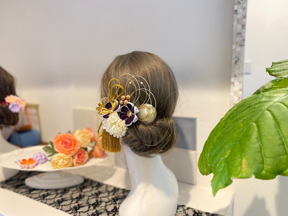 【紫×金】つまみ細工 卒業式 卒業式髪飾り 袴　水引き　成人式用髪飾り　和装　成人式　ヘアアクセ　色打掛 ヘア飾り 7枚目の画像