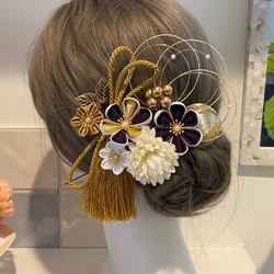 【紫×金】つまみ細工 卒業式 卒業式髪飾り 袴　水引き　成人式用髪飾り　和装　成人式　ヘアアクセ　色打掛 ヘア飾り 8枚目の画像