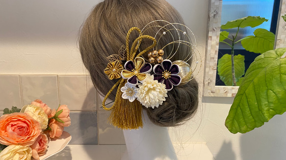 【紫×金】つまみ細工 卒業式 卒業式髪飾り 袴　水引き　成人式用髪飾り　和装　成人式　ヘアアクセ　色打掛 ヘア飾り 8枚目の画像