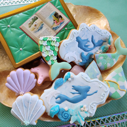 クッキー♬ エプロン　シージョ　スカイブルー　レース　ベビーブルードット 星座 【アイシングクッキー】 星 夜空 誕生日 おしゃれ オーダー