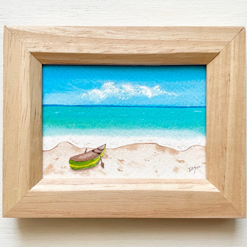 透明水彩画 ミニ額「エメラルドグリーンの海」イラスト プチギフト 夏