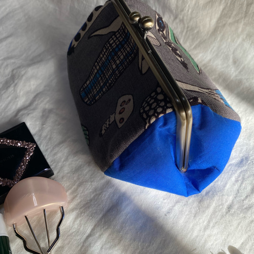 受注製作】ベジタブル北欧 × 青 ブルー がま口メイクポーチ ペンケース 