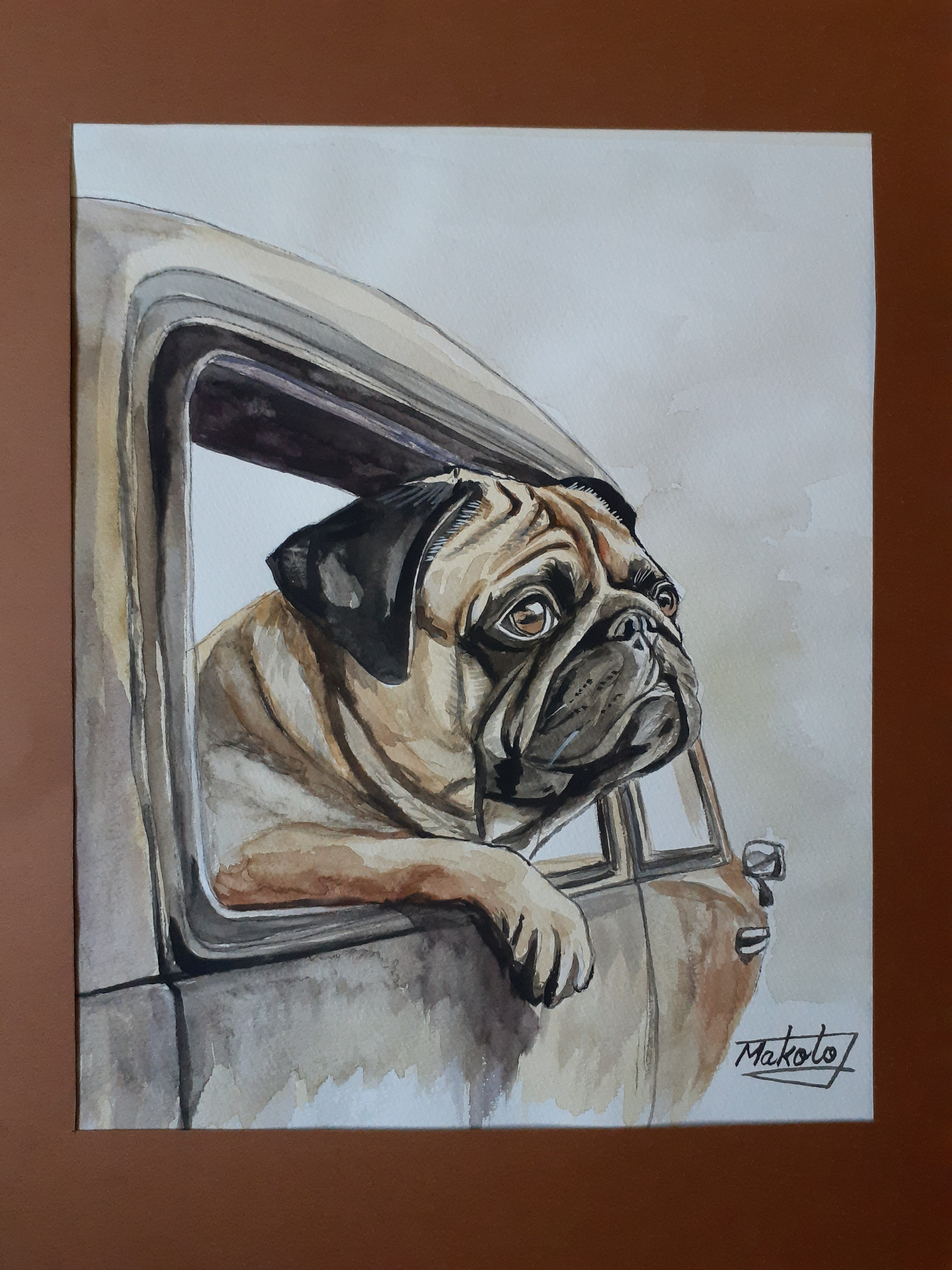 水彩画 車窓のパグ 絵画 makochin 通販|Creema(クリーマ) パグ 切り絵