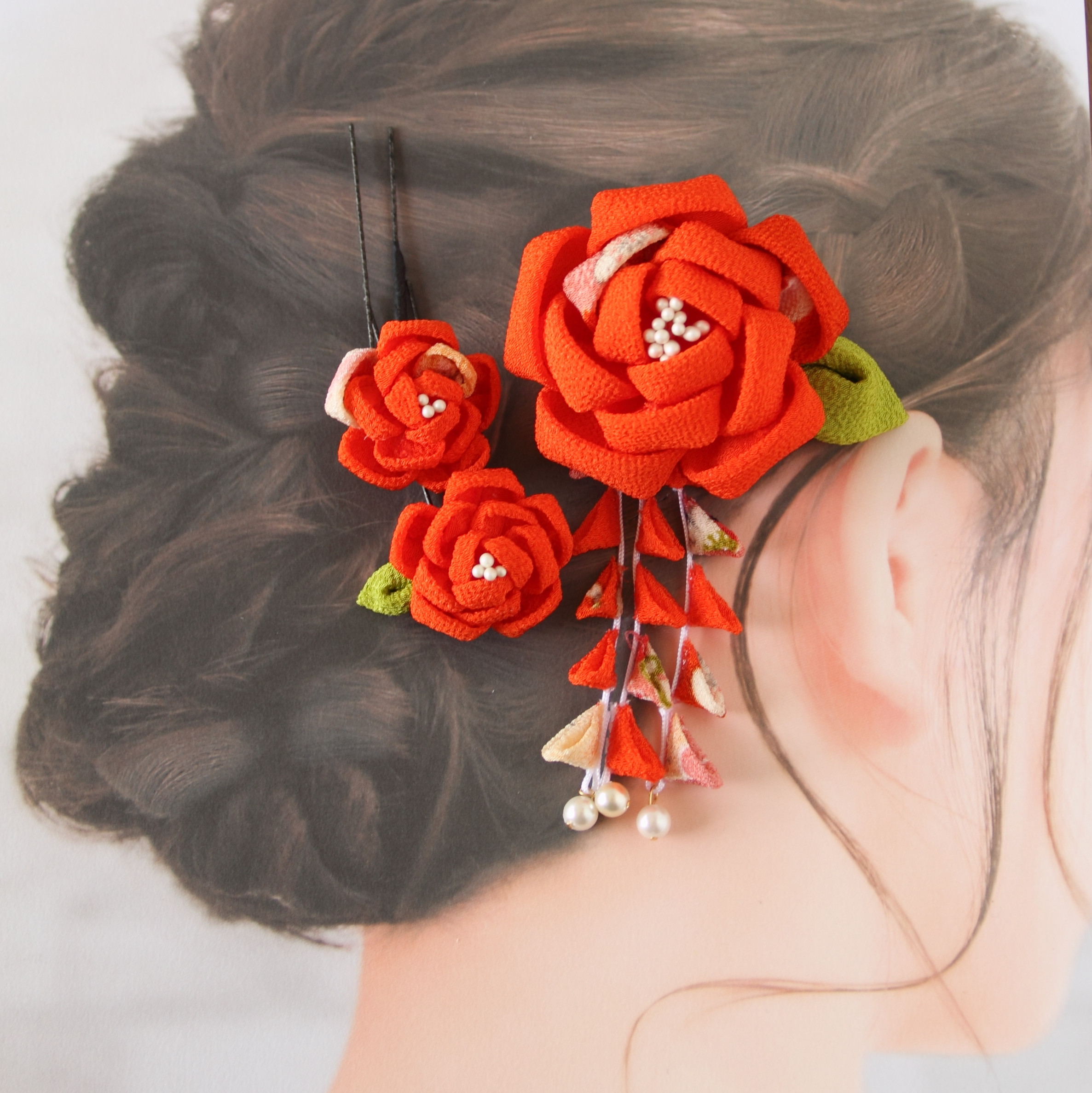 赤橙と古典柄の椿3点セット　七五三・成人・卒業・入学・お祝いに