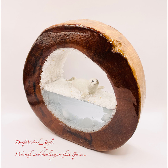 一つ限りの流木アート 流氷のゴマフアザラシ ジオラマ 流木 フィギュア インテリア レジン 置物 動物 アザラシ N2 5枚目の画像