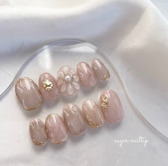 ネイルチップオーダー ニュアンス ぷっくりフラワー ミラー 振袖成人式結婚式卒業 ネイルチップ/成人式/結婚式/卒業式/和柄/振袖/花柄/ぷっくり