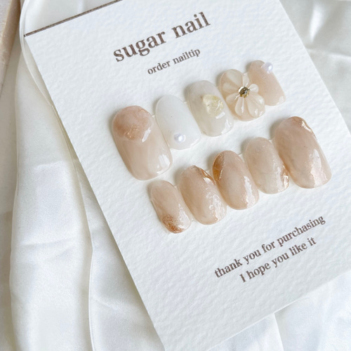 ネイルチップ ぷっくりフラワー お花 水彩 ちぐはぐ 淡色 ミラー  