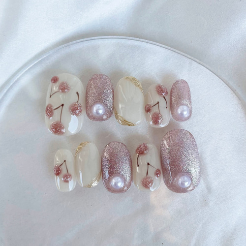 オーダー】ネイルチップツイードチェックピンクキラキラリボンフレンチ