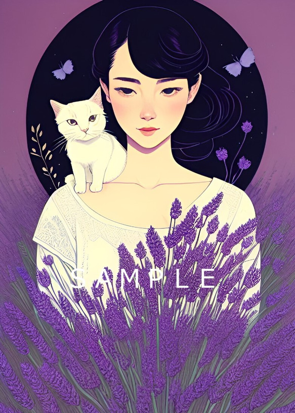 猫と女性とラベンダー畑(昭和レトロ風イラスト)A4額付き　№s-1717 1枚目の画像
