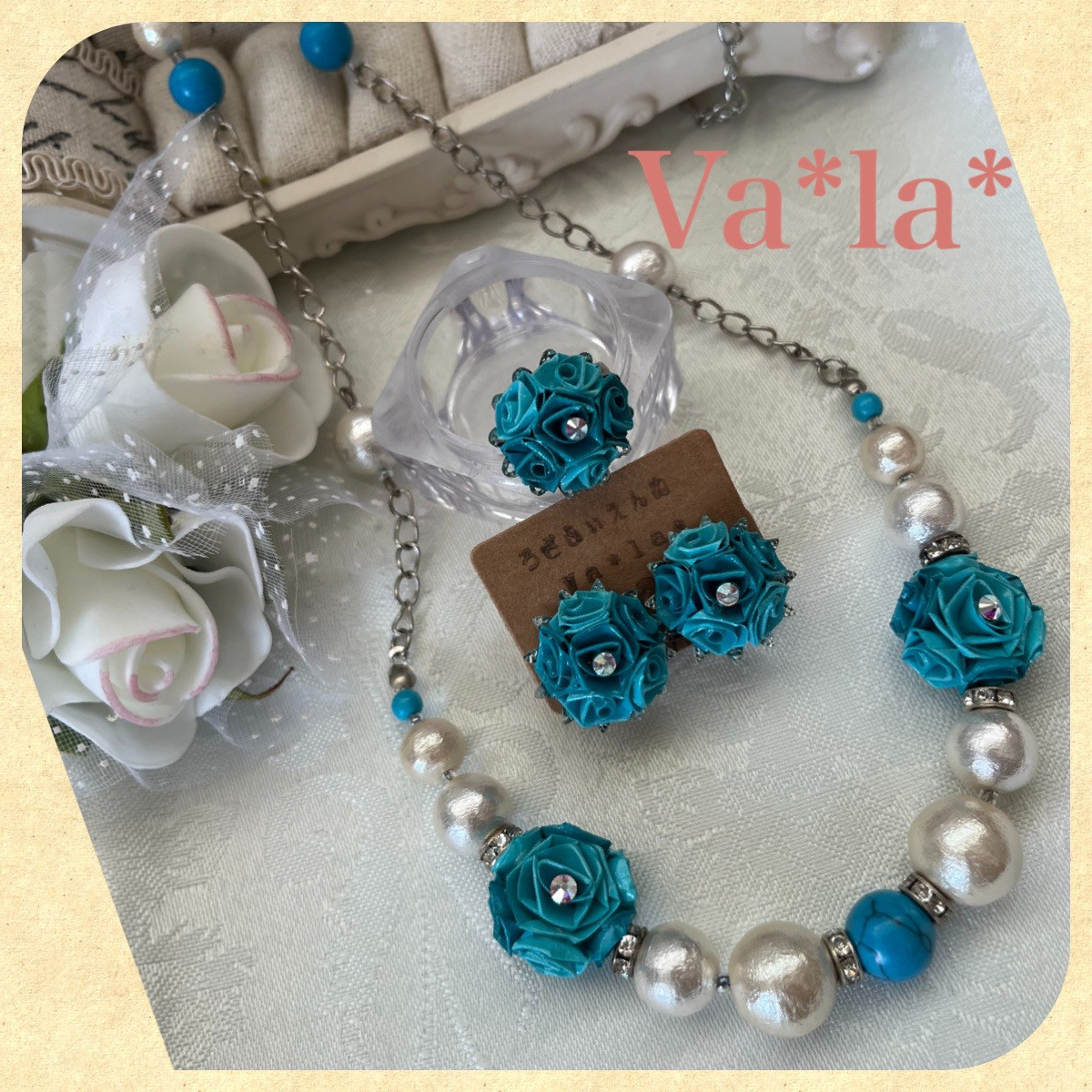 薔薇のオールドローズ＊ロザフィ ロングネックレス(天然石ターコイズ)