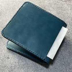 【手縫】定番アンティークブルー二つ折本革財布（ボックス型小銭入れと大きめの外ポケット付き） 10枚目の画像
