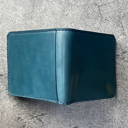 【手縫】定番アンティークブルー二つ折本革財布（ボックス型小銭入れと大きめの外ポケット付き） 4枚目の画像