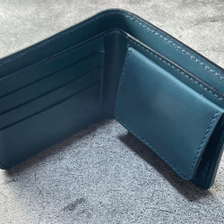 【手縫】定番アンティークブルー二つ折本革財布（ボックス型小銭入れと大きめの外ポケット付き） 2枚目の画像