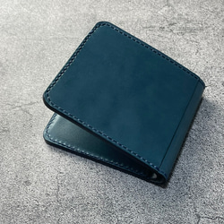 【手縫】定番アンティークブルー二つ折本革財布（ボックス型小銭入れと大きめの外ポケット付き） 3枚目の画像