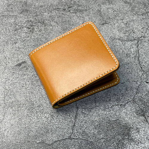 手縫】定番キャメル二つ折本革財布（ボックス型小銭入れと大きめ
