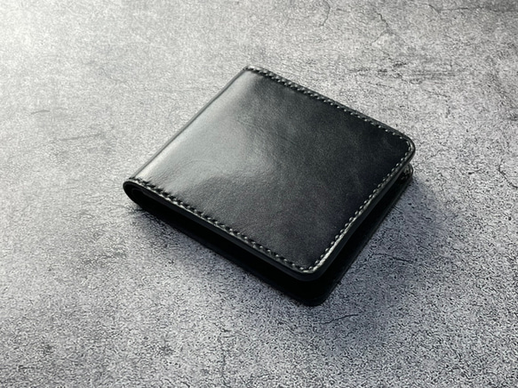 手縫】定番ブラック黒二つ折本革財布（ボックス型小銭入れと
