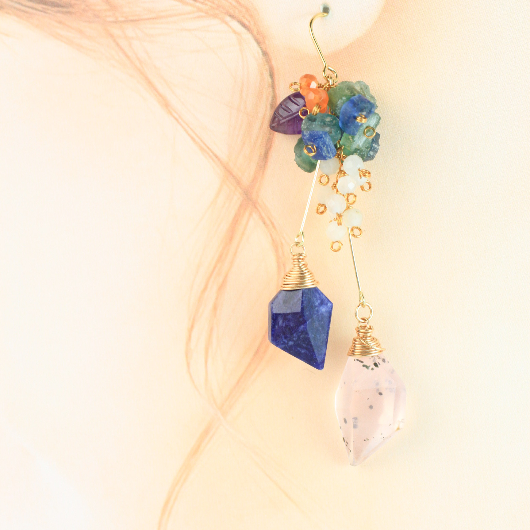 【1点限定】ローマングラス　バイオタイトinローズクォーツ　スピンドルカット　ロング耳飾り