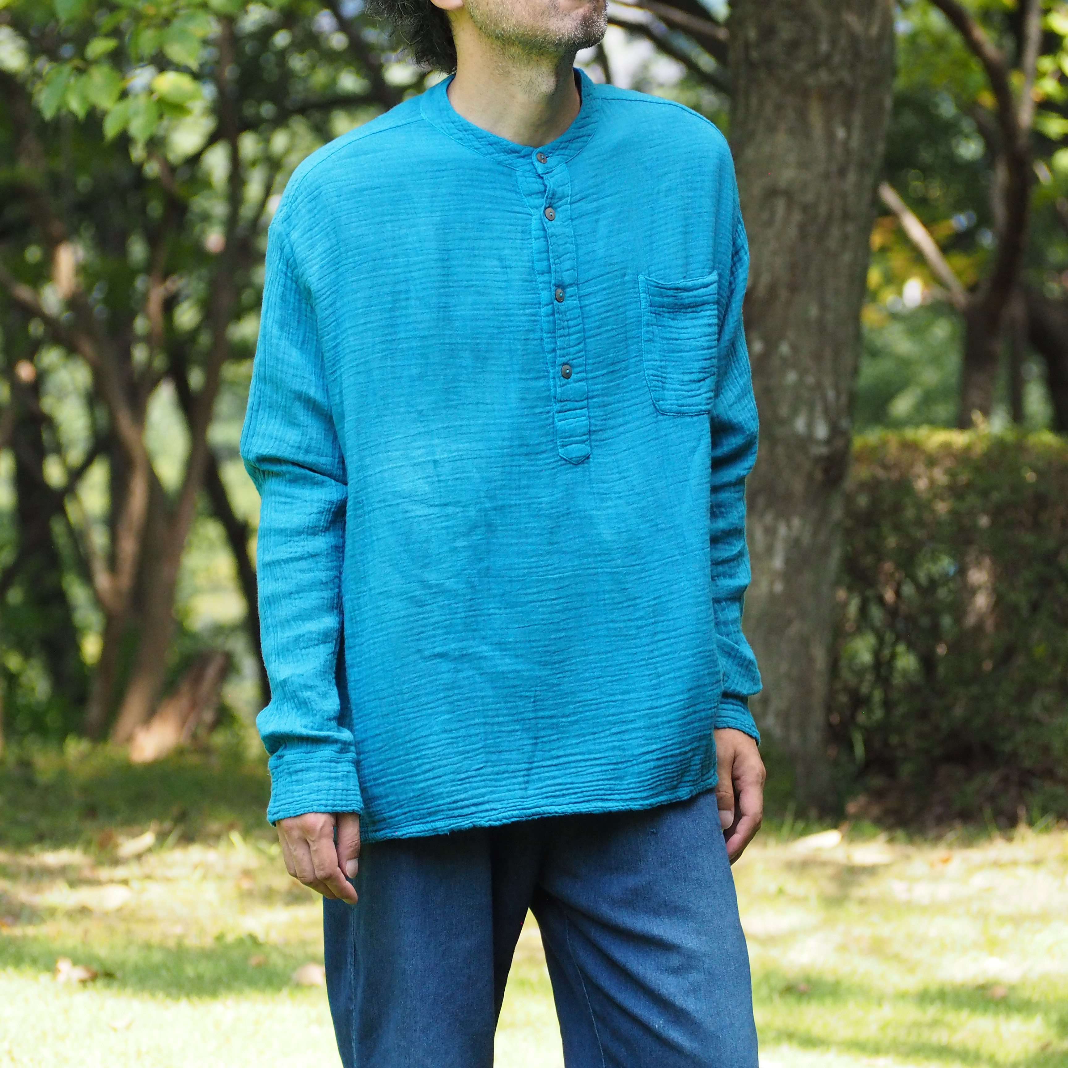 ダブルガーゼ　プルオーバー　コットン　メンズ　レディース　部屋着秋　春　柔らかい　スタンドカラー　バンドカラー　長袖