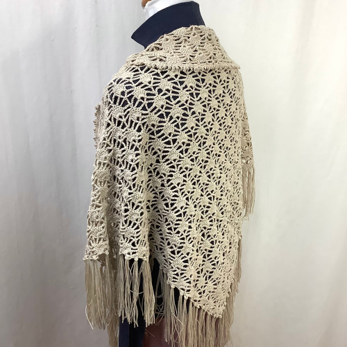 綿麻○フリンジ三角ストール（生成りベージュ) ストール TOM屋 通販