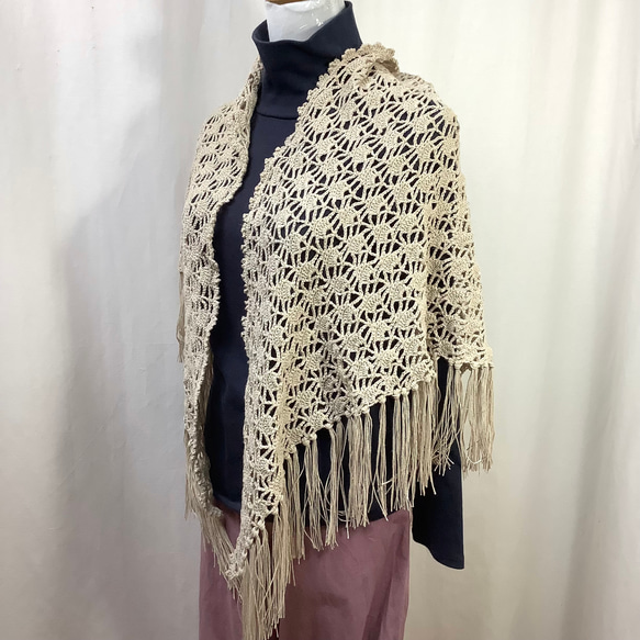 綿麻○フリンジ三角ストール（生成りベージュ) ストール TOM屋 通販