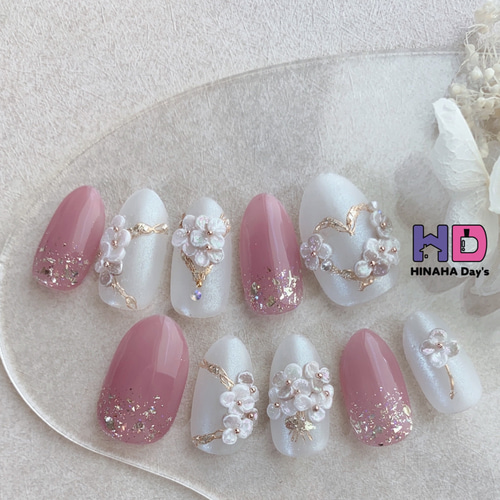 baby pink ネイルチップ ピンク 結婚式ネイル ブライダル オーダー》ネイルチップ ピンクの3Dフラワーネイル 結婚式