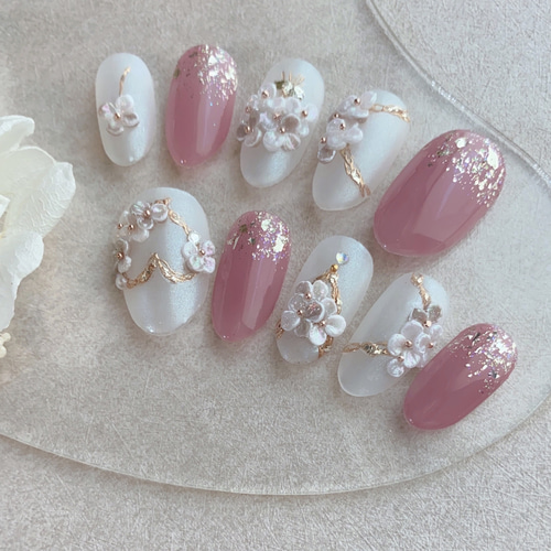 専用ケース付✨》ブライダルネイルチップ/3D/結婚式/キラキラ/花
