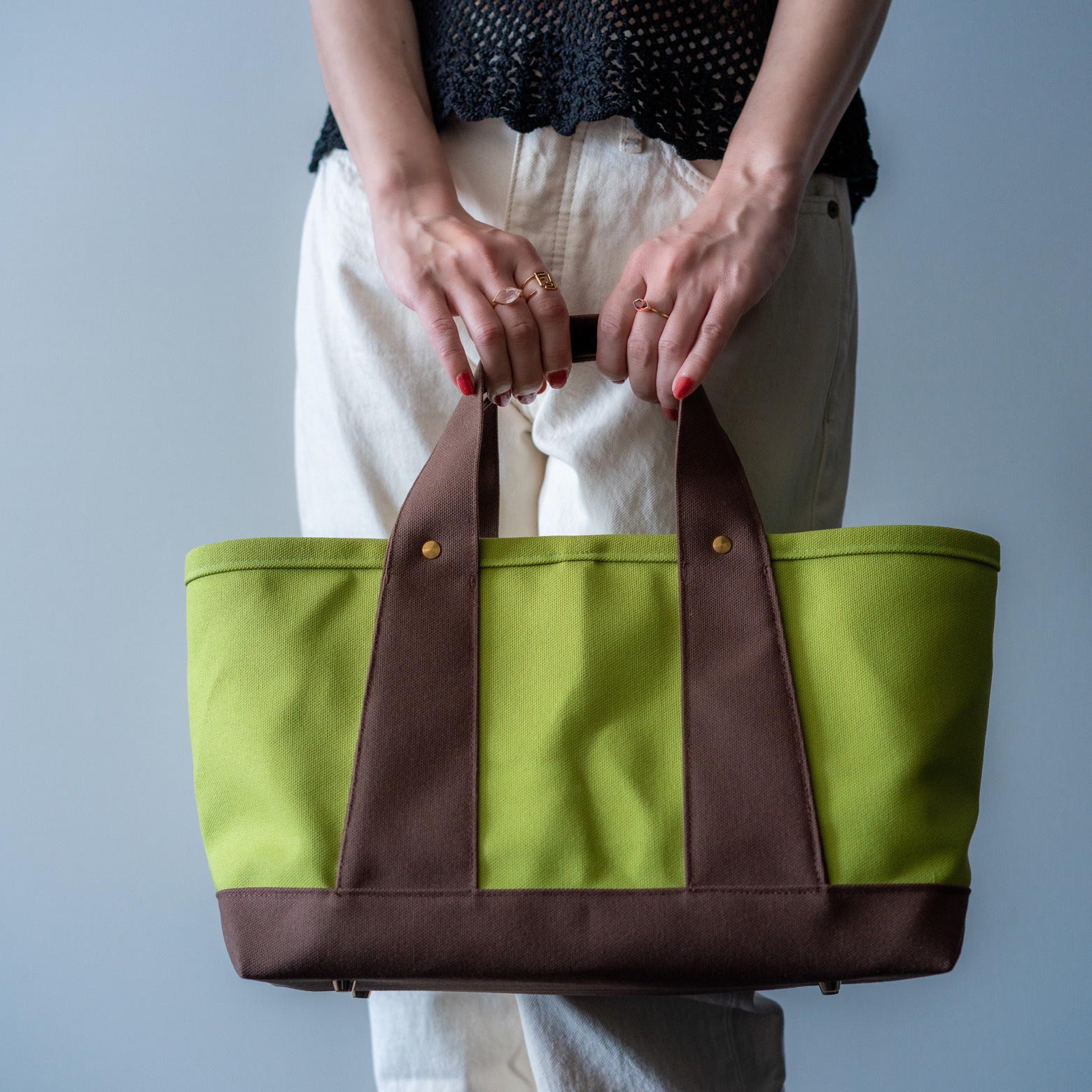 バイカラー帆布トート♡スマホが入る内ポケット付き トートバック きみどり×ライトブラウン