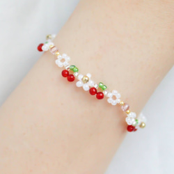 オーダーありがとうございます♡ ピンクトパーズ　フラーレンブレスレット ビーズブレスレット ✧ お花とふたごのさくらんぼ(すっきり