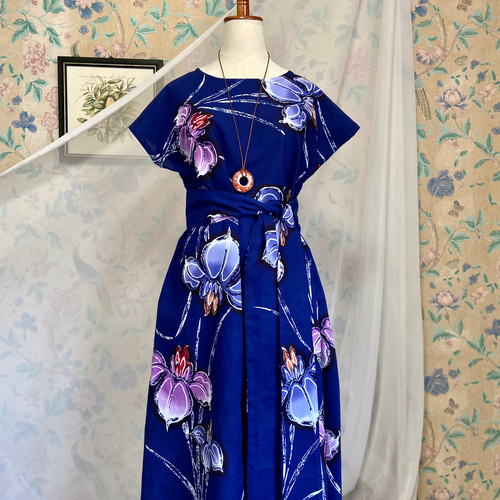 古布藍染リメイク✿Vラインワンピース✿ハンドメイド✿大人可愛い 