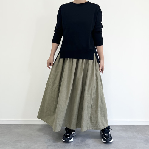 上質ベルギーリネンのダンガリースカート カーキグリーン ロング