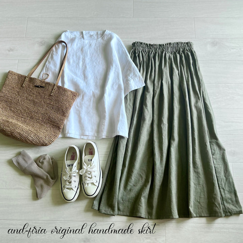 上質ベルギーリネンのダンガリースカート カーキグリーン ロング