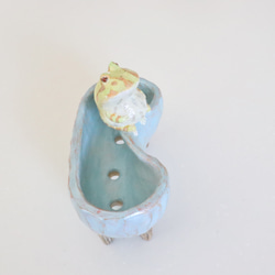 ツノガエル（ ライムグリーンアルビノ ） お豆型の青い植木鉢 8枚目の画像