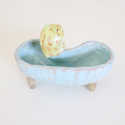 ツノガエル（ ライムグリーンアルビノ ） お豆型の青い植木鉢 7枚目の画像