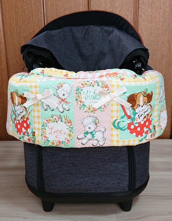 ♪クリームレトロ♪サイズ63cm×36cm♪ペットカート あごのせクッション&すきまクッション ふちカバー 1枚目の画像