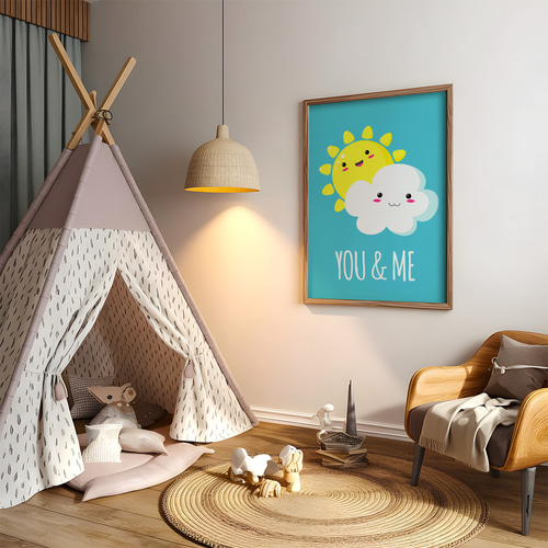 子供向けアートポスター 太陽と雲のYOU&MEイラスト パステルブルー