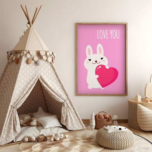 子供向けアートポスター うさぎとピンクハート LOVE YOU メッセージ