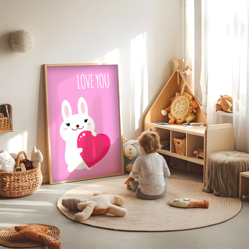 子供向けアートポスター うさぎとピンクハート LOVE YOU メッセージ