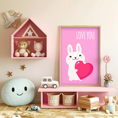 子供向けアートポスター うさぎとピンクハート LOVE YOU メッセージ