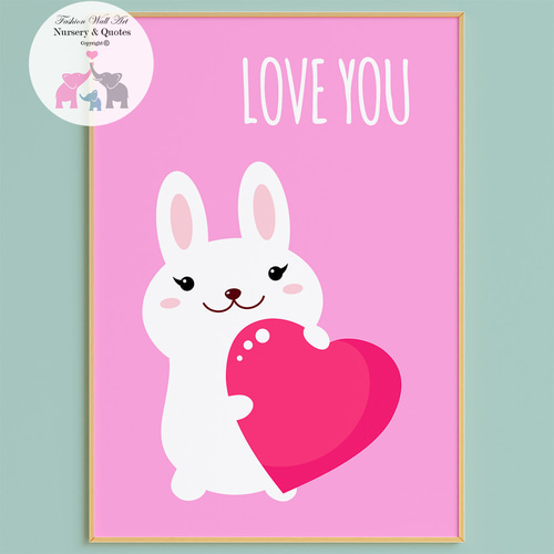 子供向けアートポスター うさぎとピンクハート LOVE YOU メッセージ