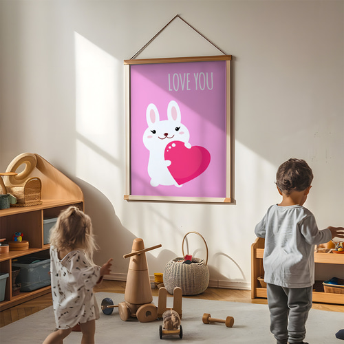 子供向けアートポスター うさぎとピンクハート LOVE YOU メッセージ