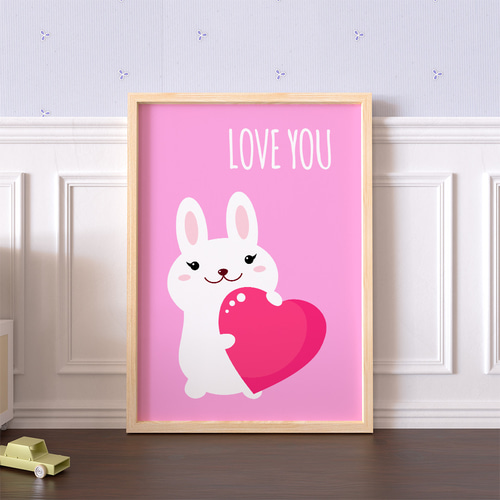 子供向けアートポスター うさぎとピンクハート LOVE YOU メッセージ